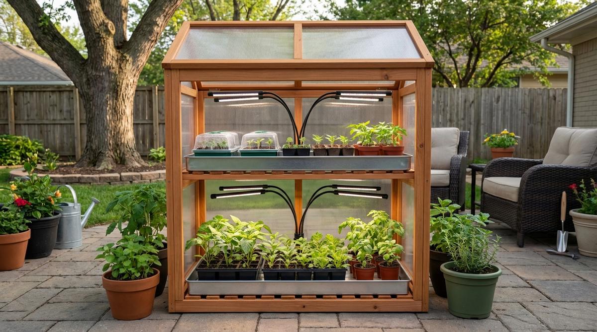 A dual-tray LED system with adjustable gooseneck arms for precise lighting in a mini garden greenhouse. Two independent trays allow simultaneous seed starting and seedling hardening, maximizing vertical space efficiency in compact growing areas.