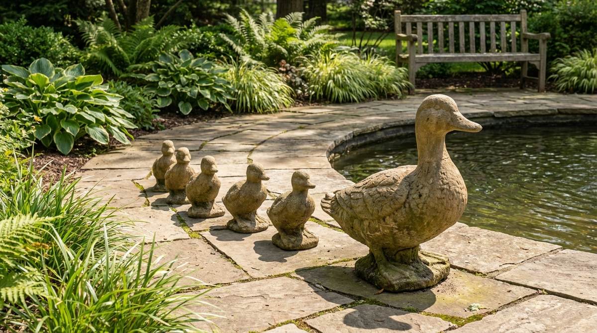 A charming stone sculpture depicting a mother duck followed by ducklings in descending size order, arranged in a walking formation along a garden path or pond perimeter. This serialized artwork transforms functional pathways into narrative experiences, capturing the personality of each duckling's waddle in durable stone.