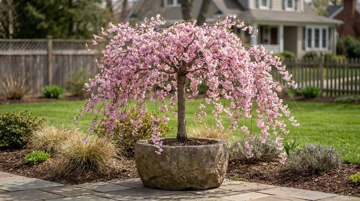 A dwarf weeping cherry tree with cascading branches covered in pink spring blossoms, creating a fountain-like effect. The tree is 6-8 feet tall and wide, planted in a sturdy container with full sun, showcasing its graceful form and vibrant fall foliage.