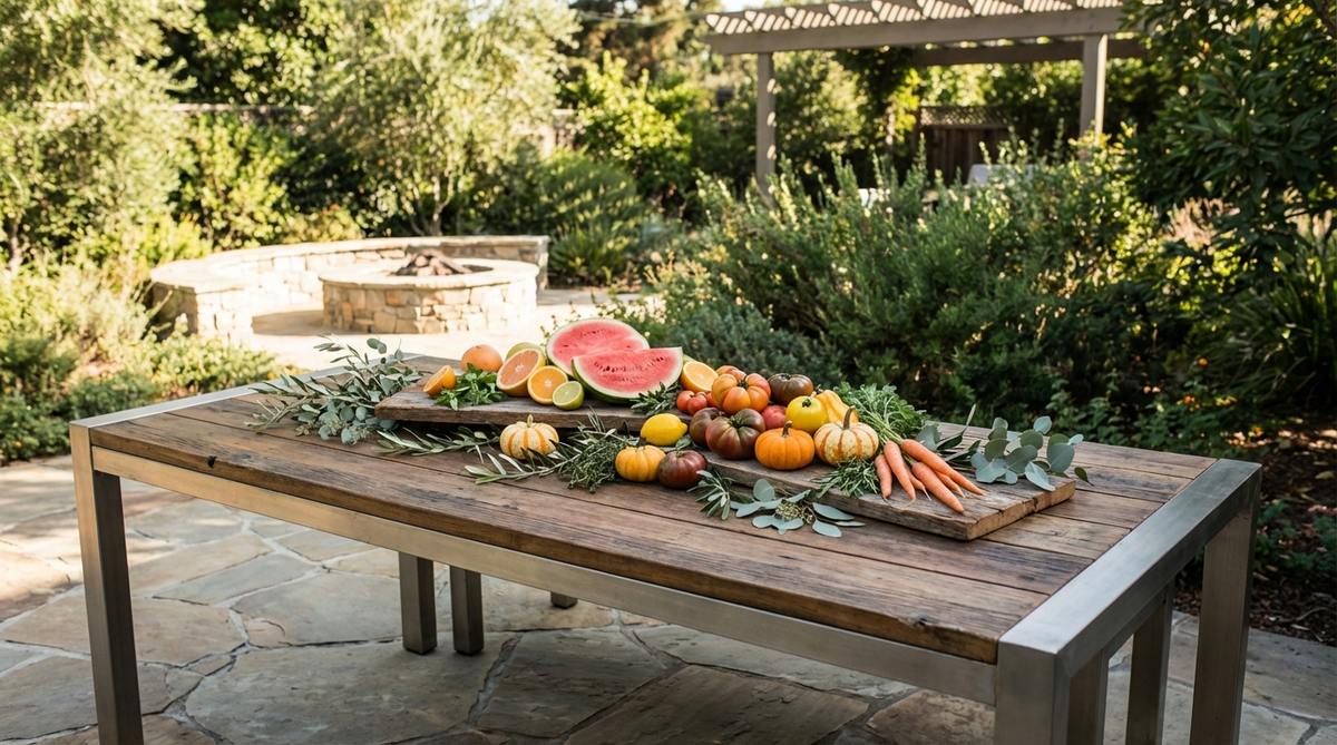 A modern garden table featuring an edible centerpiece made from seasonal fruits and vegetables, such as watermelon, citrus, heirloom tomatoes, mini pumpkins, gourds, and root vegetables, arranged sculpturally on rustic wooden boards with greenery for a decorative and culinary purpose.