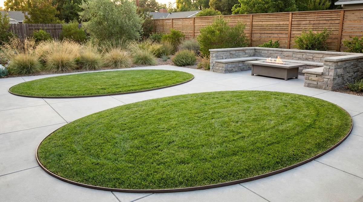 A modern garden featuring elliptical lawn panels surrounded by crisp paving, with thin metal edging creating clean transitions between turf and hardscape elements.