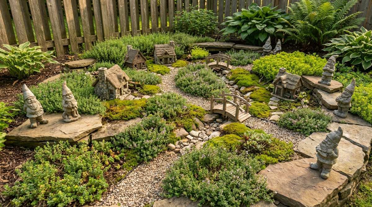 A miniature enchanted fairy village scene with gnomes, featuring tiny cottages, bridges, and pathways in a garden corner. The setup uses groundcover like creeping thyme and moss, with gnomes placed on flat stones for stability, creating an organized, storybook-like environment that encourages gentle engagement and easy updates.