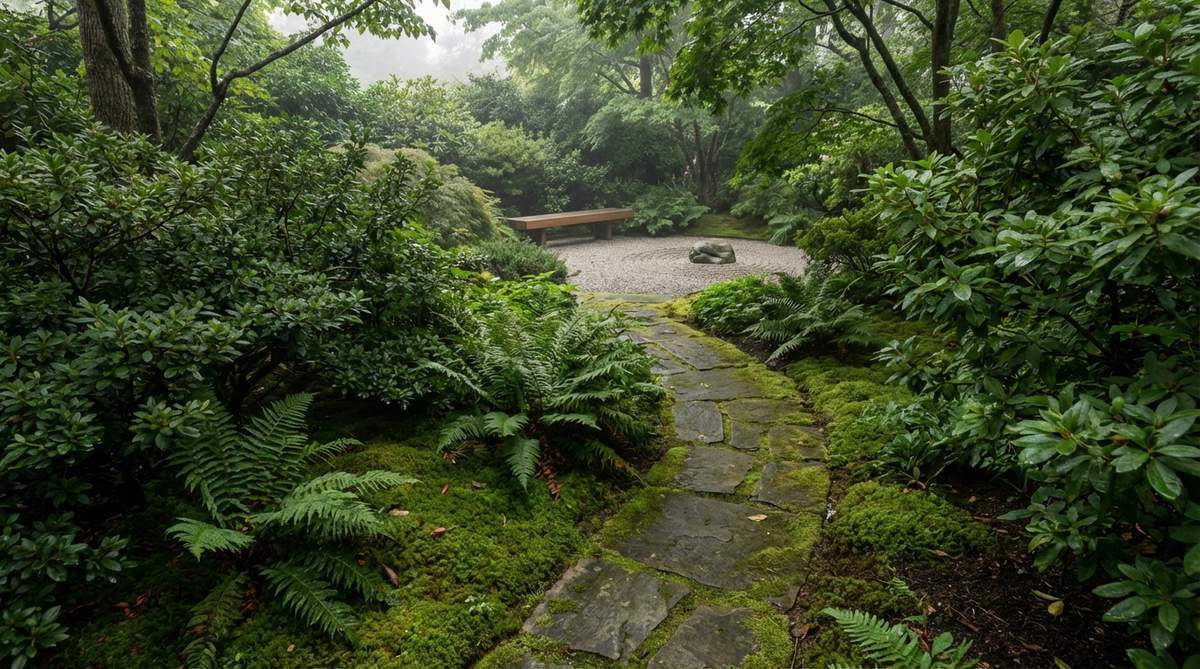 A serene image showing a narrow winding path through layered plantings of evergreen azaleas, ferns, and moss, designed to gradually reveal a meditation space in a zen garden, creating a transition zone that separates worldly concerns from contemplative practice.