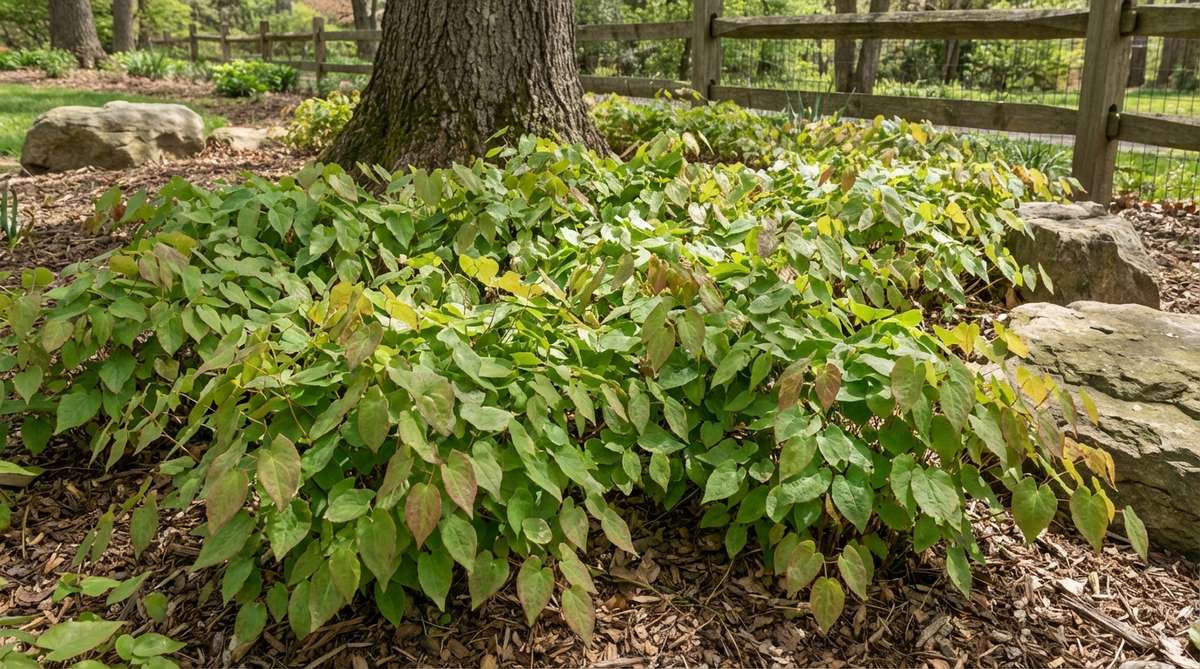 Epimedium rubrum, commonly known as barrenwort, features heart-shaped leaves on wiry stems that create a floating carpet effect in Japanese garden settings. This evergreen plant spreads naturally through rhizomes, reaching about 12 inches in height, and thrives in both dry soil and deep shade. Small spring flowers give way to ornamental foliage that provides year-round visual interest, making it ideal for planting beneath deciduous trees where dappled light filters through.