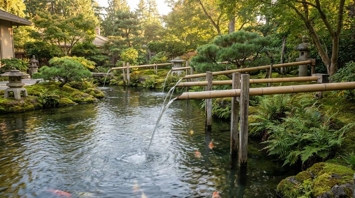 A traditional Japanese garden water feature showing an extended-reach pond aerator with long horizontal bamboo spouts (kakei) extending 48-50 inches over a pond surface. The aerator delivers water across the pond to oxygenate aquatic plants and koi while maintaining authentic bamboo fountain aesthetics. Thick-walled bamboo culms are supported by subtle stakes to prevent sagging and wind movement, blending seamlessly with the natural garden composition.