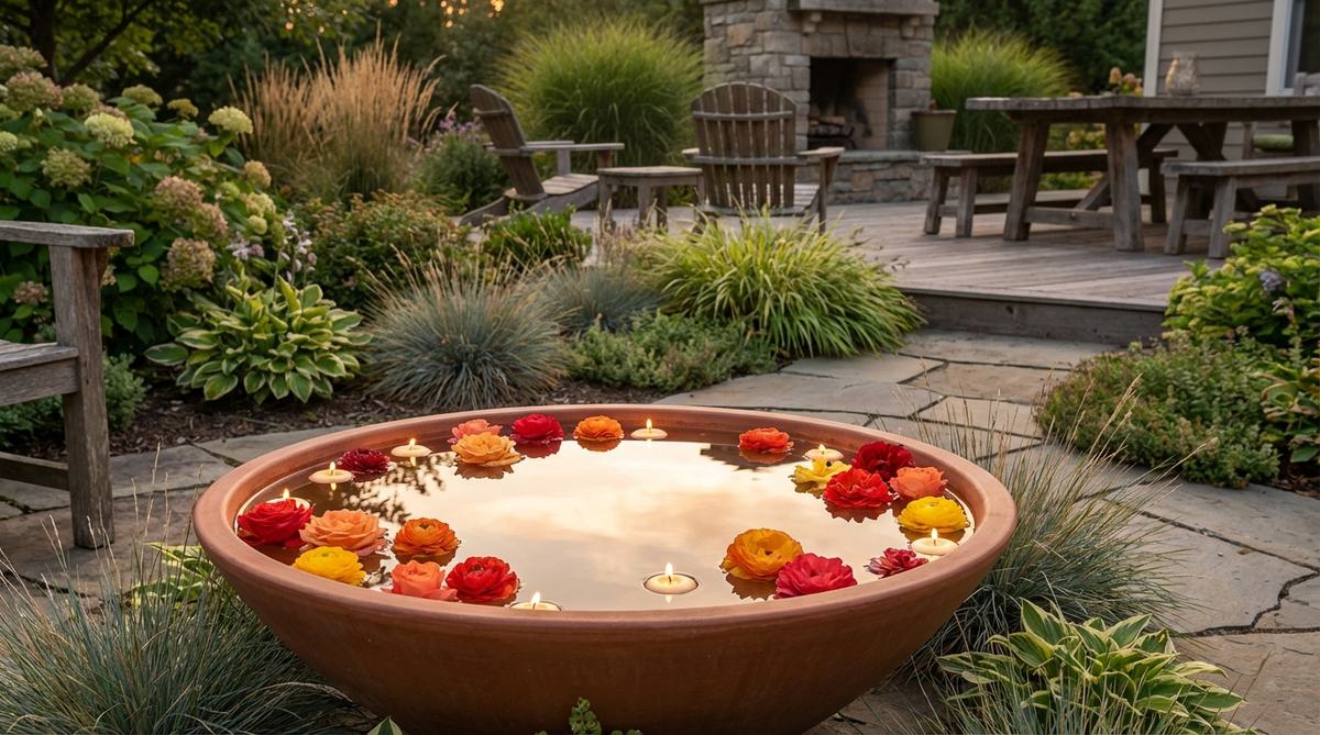 A serene garden party decor featuring a wide shallow bowl filled with water, floating candles, and flower heads, creating a reflective focal point with layered depth and seasonal colors.