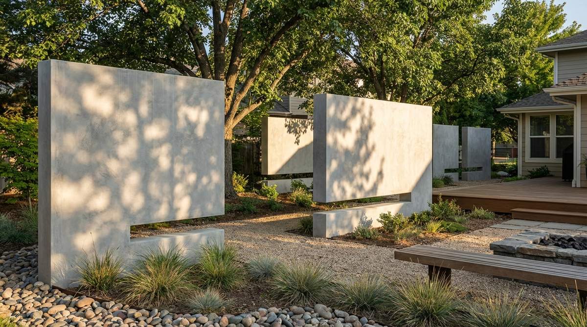 Freestanding concrete panels creating privacy screens in a modern zen garden, with gaps at ground level for visual lightness and air circulation. The panels are positioned to block specific sightlines while preserving views, functioning as projection surfaces for shadow play from trees.