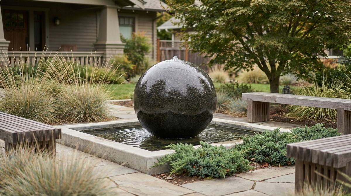 A modern floating sphere fountain with polished granite or concrete sphere resting in a shallow basin, water flowing evenly over its surface creating gentle ambient sound. Perfect as a sculptural centerpiece for outdoor decor in gardens, patios, or meditation areas.