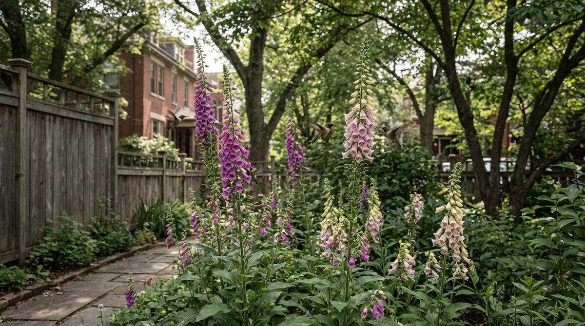 Tall foxglove plants with tubular flowers on 3-5 foot spikes growing in partial shade, attracting hummingbirds and providing vertical interest in a small urban garden setting with buildings or mature trees in the background.