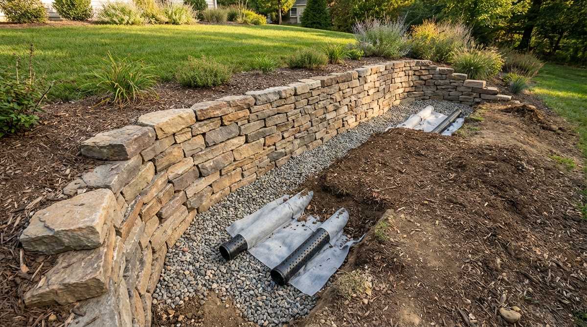A cross-sectional diagram showing perforated pipes wrapped in filter fabric installed in gravel-filled trenches behind a retaining wall on a sloped garden, illustrating how subsurface water is collected to prevent hydrostatic pressure and extend wall life.