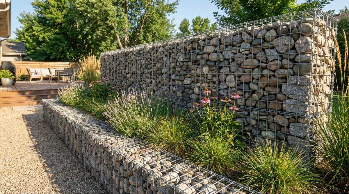 A modern gabion basket stone wall used in raised bed garden construction, showing wire mesh cages filled with stones that provide excellent drainage and structural flexibility.