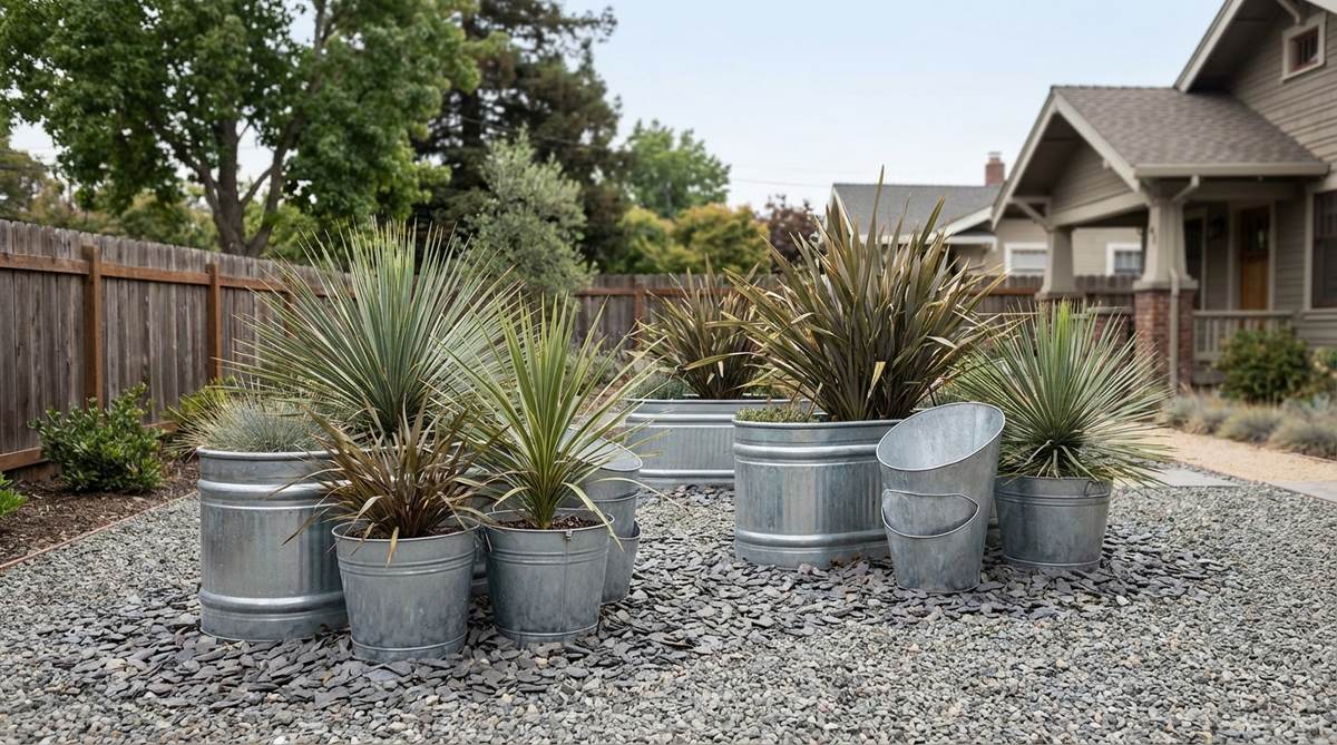 Large galvanized metal troughs and buckets arranged in groups of three or five, creating an industrial-chic focal point in a gravel garden bed. Planted with architectural phormiums, cordylines, or New Zealand flax, with slate chips or gray gravel complementing the silver metal finish. Some containers remain empty as sculptural elements to balance the planted specimens.