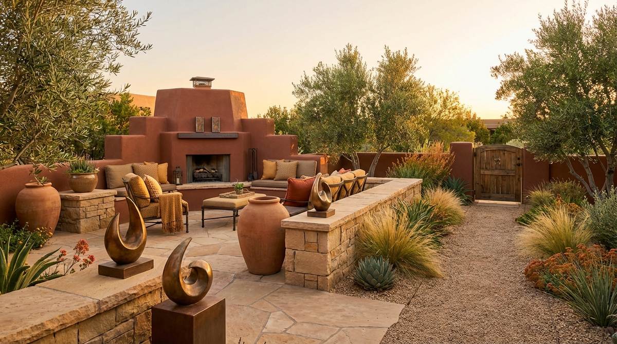 A warm earthy decor palette featuring golden bronze, warm sand, and deep terracotta colors inspired by desert dunes at sunset. Shows metallic accents, pottery, textiles, and layered warm tones creating depth in a living room or entryway setting.