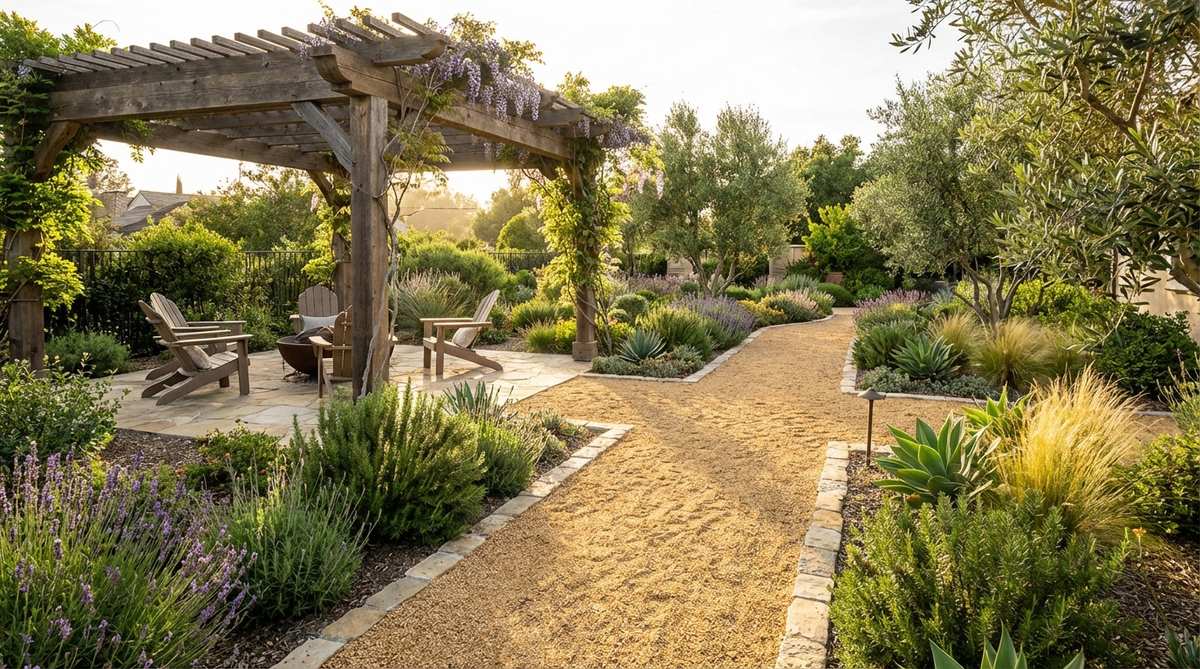 A sun-drenched golden gravel pathway in a Mediterranean garden, edged with limestone pavers and surrounded by drought-tolerant plants, showcasing the reflective and permeable qualities of 20mm golden gravel.