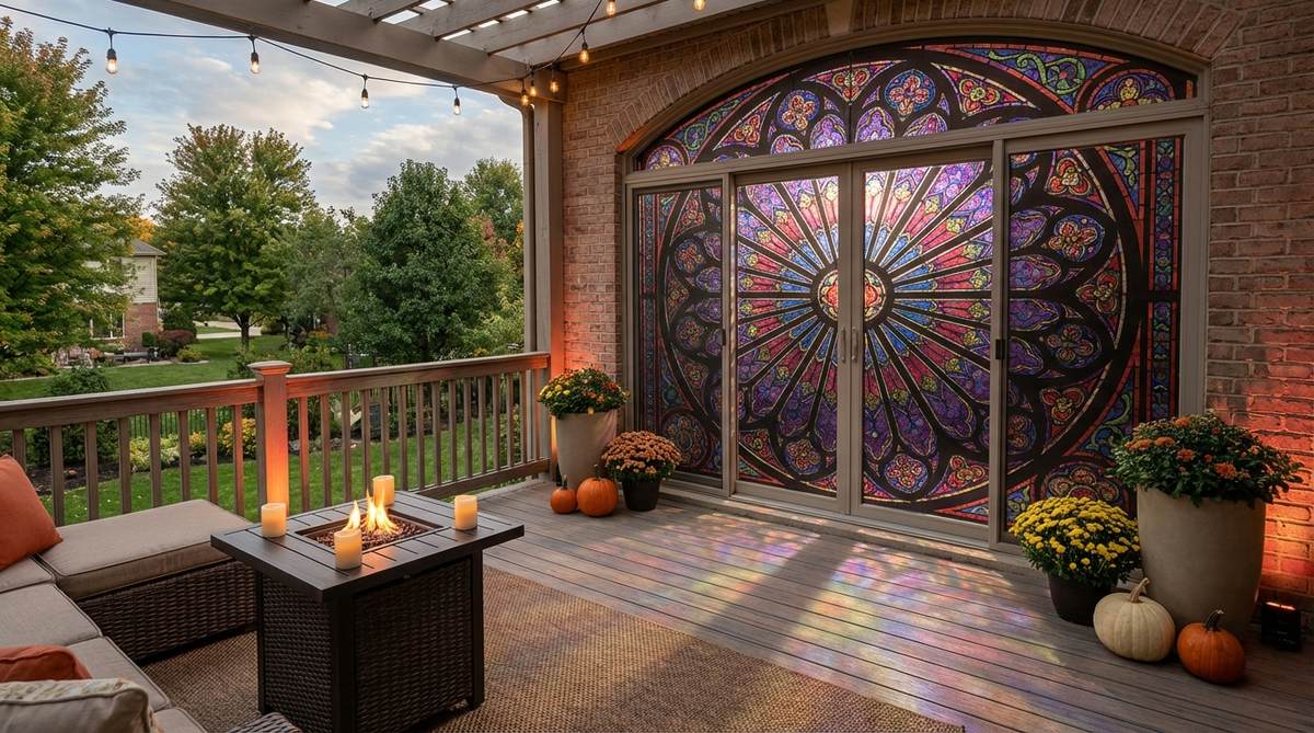 Faux stained glass window clings in jewel tones like crimson, purple, and blue transform sliding doors or windows into Gothic cathedral-style features for Halloween balcony decor. The clings filter natural light into colored rays and can be layered to create custom patterns reminiscent of medieval rose windows. At night, LED uplights behind the glass project colored patterns onto balcony flooring, elevating the aesthetic without permanent modifications.