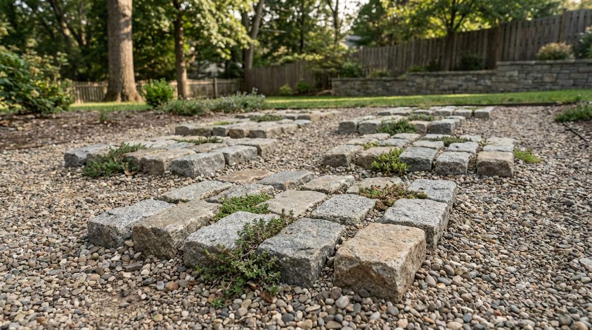 A close-up view of granite cobblestone clusters arranged in a garden stepping stone design, showing groups of three to five rectangular cobbles set in gravel beds with stable footing and European-inspired charm.