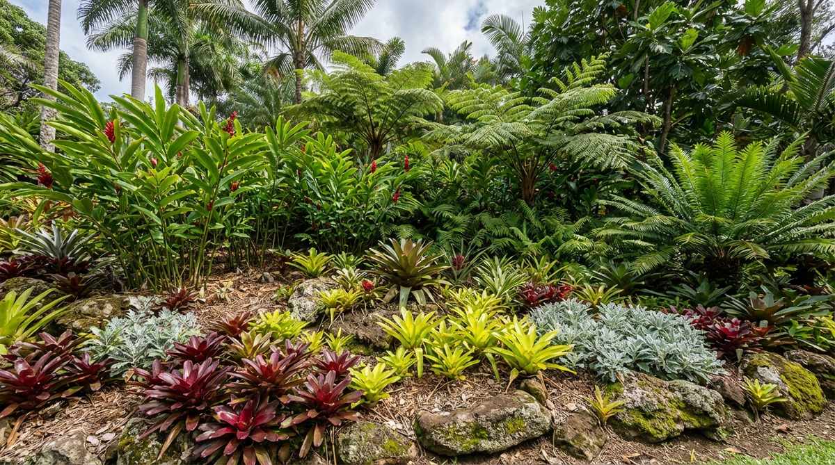 A vibrant tropical garden scene showcasing ground cover bromeliads with colorful rosettes in burgundy, chartreuse, and silver hues, planted beneath ginger and fern layers to complete a vertical stack. The bromeliads thrive in shallow soil on a rocky slope, adding jewel-toned foliage with minimal maintenance.