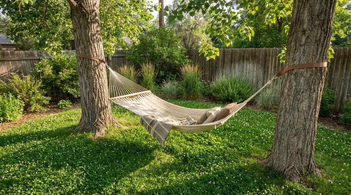A macramé or canvas hammock suspended between two cottonwood trees, creating a serene relaxation zone with swaying motion and filtered light. The setup uses tree-friendly straps to protect bark and is positioned over soft groundcover like clover for comfort, embodying western boho decor's blend of natural elements and cozy outdoor living.