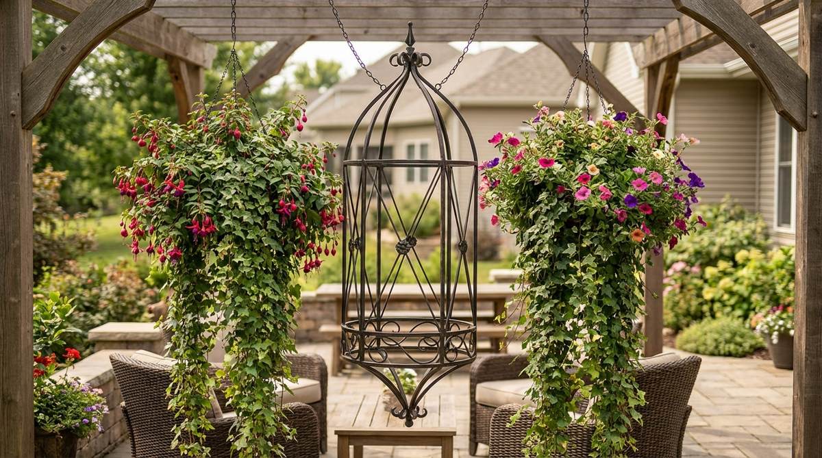 A decorative metal obelisk or conical frame suspended from a pergola beam or covered porch ceiling with trailing vines planted in hanging baskets at the top. The vines create living columns of foliage featuring fuchsias, ivy, or flowering annual vines, with the suspended design placing plantings at eye level for easy viewing and maintenance.