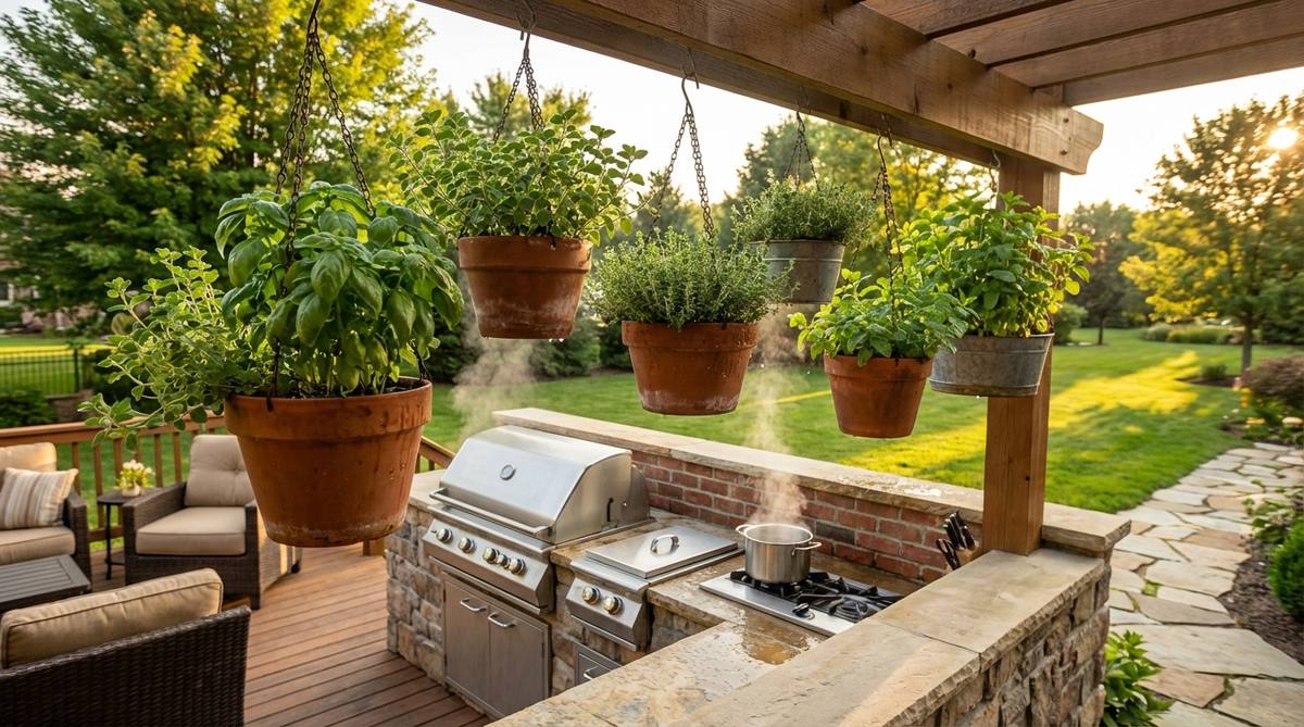 A cluster of hanging pots containing culinary herbs like basil, oregano, thyme, and mint, positioned conveniently near an outdoor kitchen for easy access during meal preparation. The pots have excellent drainage and are arranged to catch cooking splashes and steam, with aromatic foliage releasing fragrance when brushed.
