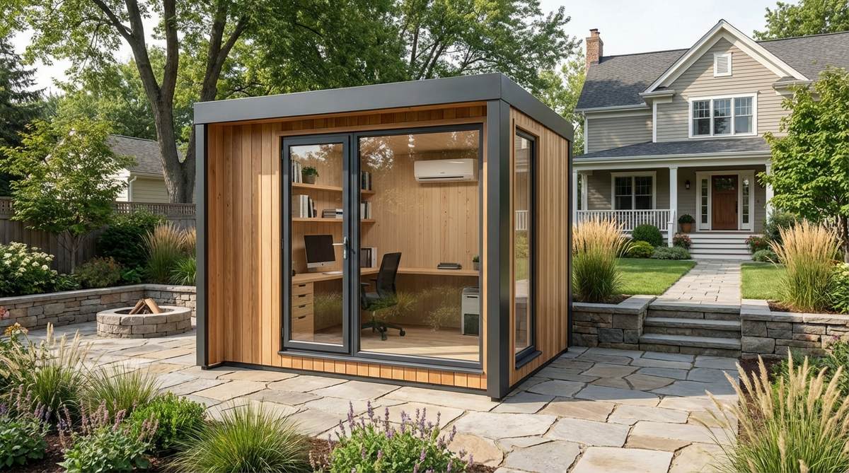 A modern 8x6 foot insulated garden office pod with double-glazed windows, built-in desk, shelving, and climate control systems, positioned near a home for reliable internet connectivity during remote work.