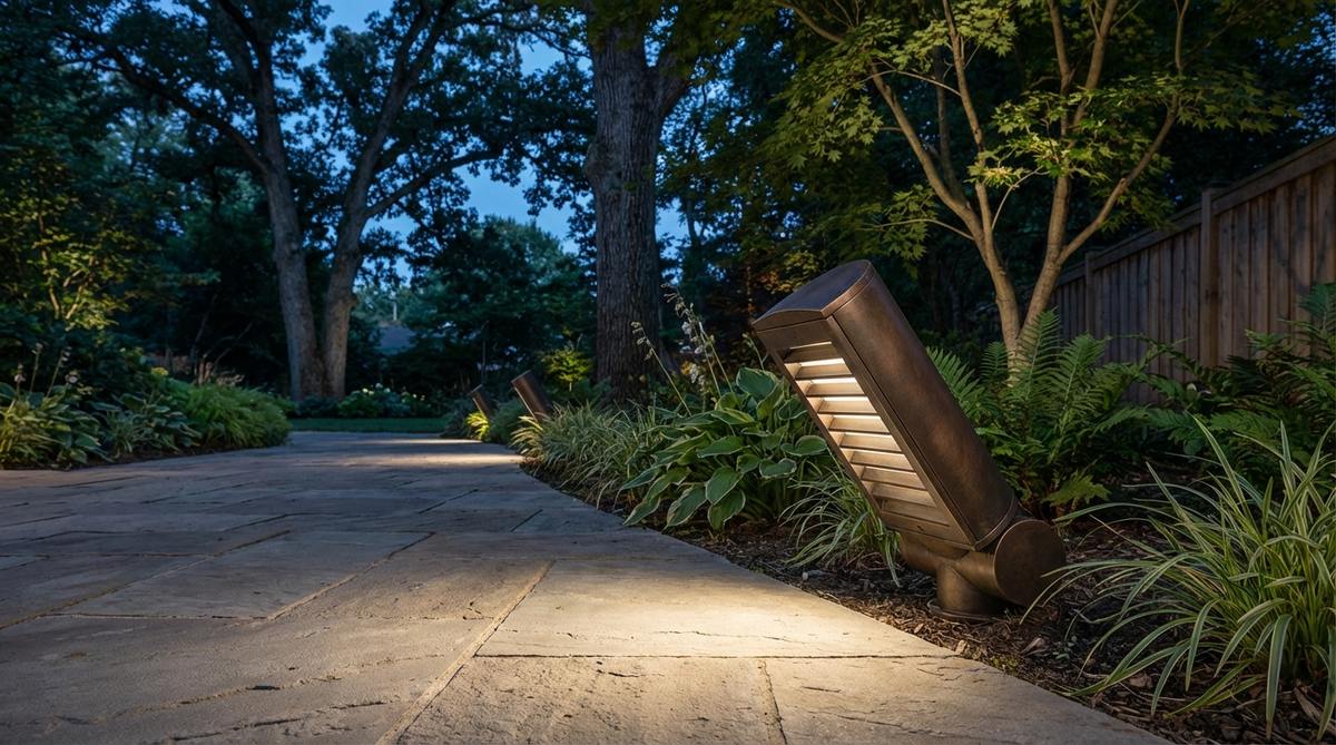 An adjustable garden path light with integrated louvers directing illumination downward onto a pathway. The fixture is angled away from the centerline to create soft, graduated lighting that mimics natural moonlight filtering through trees, preventing light trespass into neighboring properties.