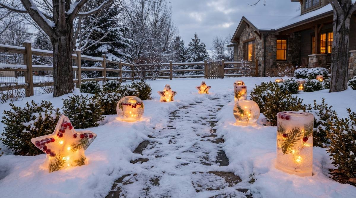 A beautiful winter scene showing glowing ice lanterns with embedded LED lights illuminating a snowy pathway. The ice sculptures are created using decorative molds with submersible LED lights, celebrating winter's cold temperatures as a design asset. Perfect for outdoor decor along pathways or steps where their ephemeral beauty can be appreciated nightly.