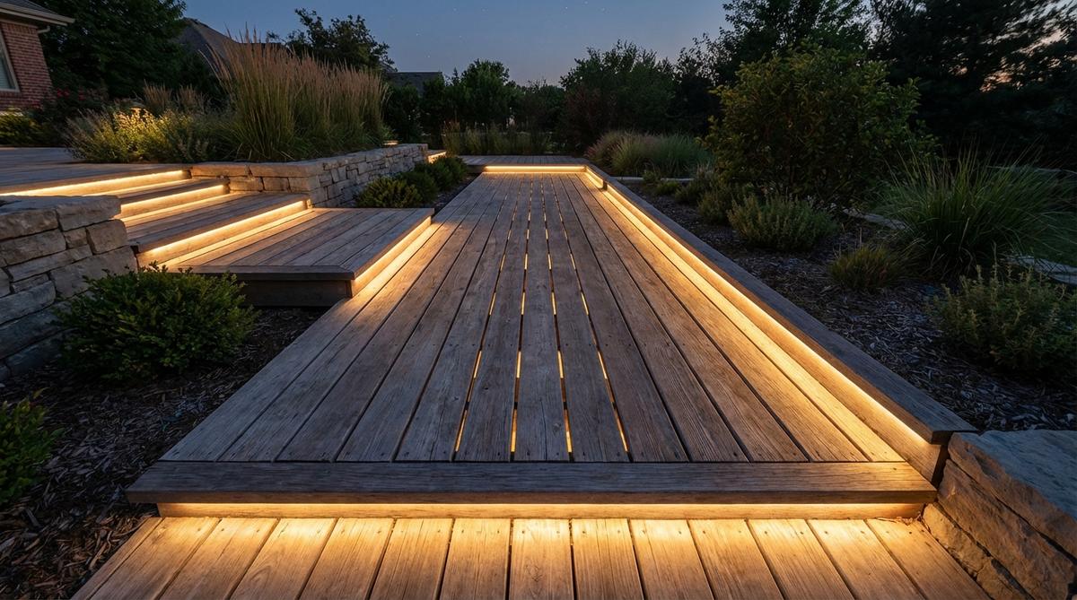 A close-up view of low-voltage LED strips recessed between deck boards, providing subtle pathway illumination with warm white light (2700-3000K) to define edges and steps for safe nighttime navigation, creating a sophisticated ambiance without trip hazards.