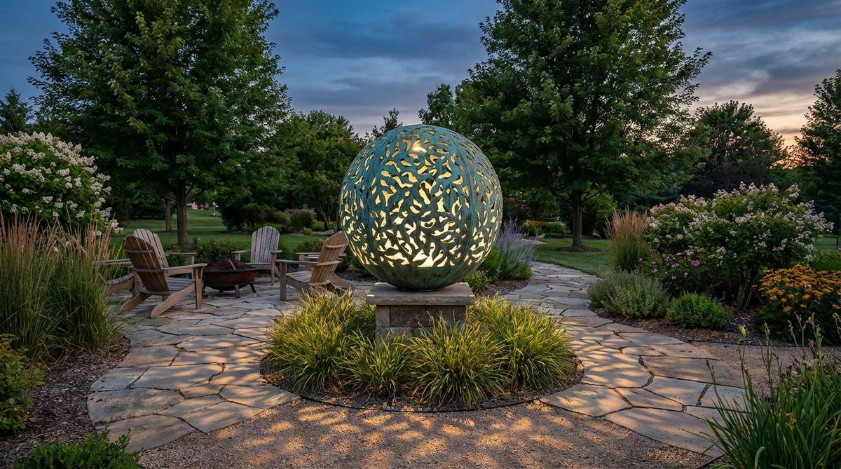 A hollow spherical sculpture with lattice or petal-pattern cutouts, crafted in verdigris bronze or stainless steel, featuring internal LED lighting that emits an ethereal glow. During the day, it casts intricate shadow patterns; at night, it provides ambient illumination for pathways and seating areas, enhancing the garden's artistic and functional appeal.