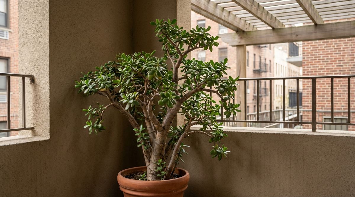 A mature Jade Plant with thick, glossy green leaves and woody stems, positioned in bright shade on an urban balcony for wind protection, showcasing its moisture-storing ability and miniature tree-like appearance.