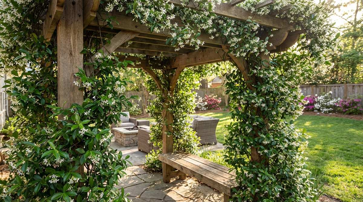 A close-up image of star jasmine vines trained on cedar pergola posts, showcasing glossy evergreen foliage and fragrant white flowers that provide dappled shade and evening fragrance in a spring outdoor decor setting.