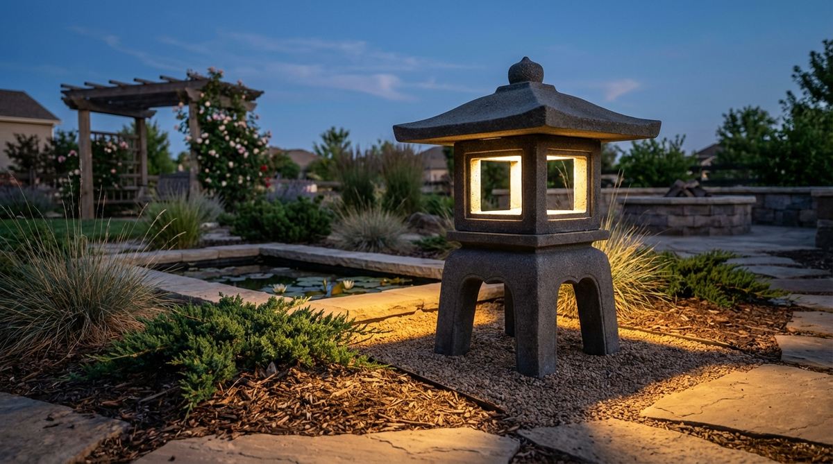A stone garden lantern with four equally spaced legs and a moderately peaked roof, featuring larger window openings for dramatic light effects. Ideal for stable placement on dry land near symbolic water features, enhancing evening illumination in gardens.
