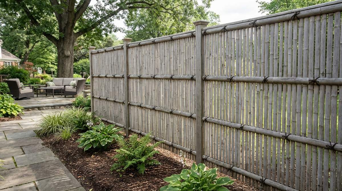 Split bamboo canes woven onto horizontal rails create a semi-transparent screen that filters views while allowing air circulation and dappled light penetration. The vertical slat arrangement establishes rhythm in the garden, with dark fiber cord lashing adding textural detail at each rail intersection. This traditional Japanese fence weathers to a soft grey patina over time.