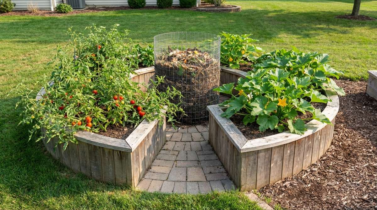 A circular raised garden bed with a wedge-shaped keyhole notch for easy access, featuring a central wire mesh compost basket that feeds nutrients directly to surrounding plants like tomatoes and squash.