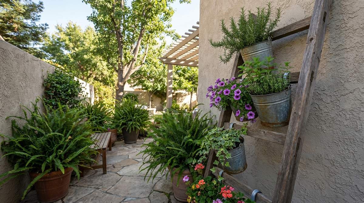 A rustic wooden ladder leaning against a wall with galvanized buckets attached to alternating rungs, creating a vertical garden arrangement. The buckets are filled with herbs and trailing flowers, showcasing a space-saving garden decor solution suitable for balconies or small yards.