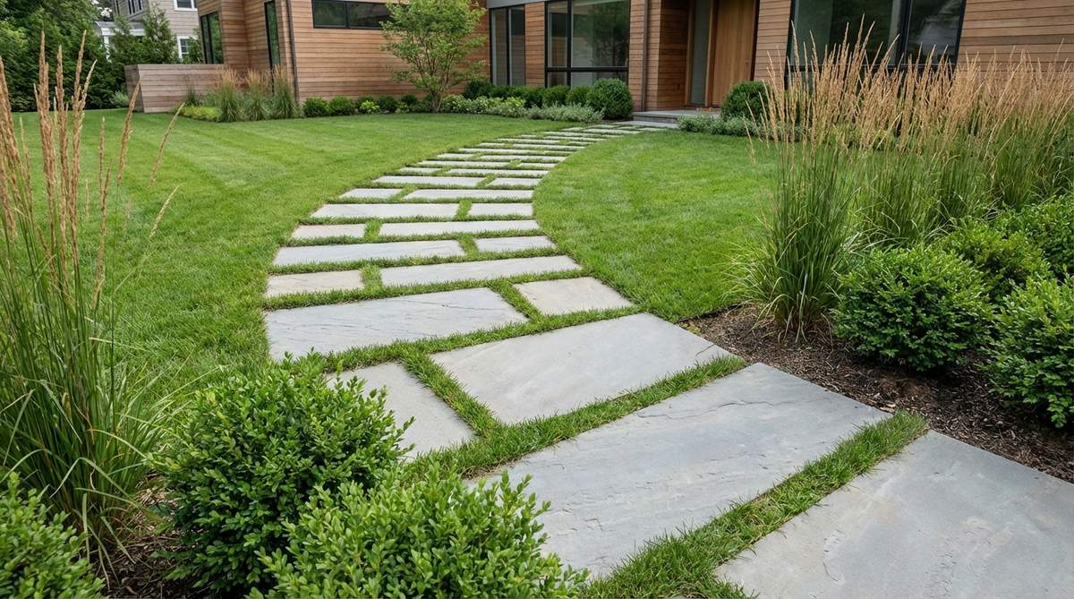 Oversized stone slabs measuring 24-36 inches across create bold contemporary statements in garden paths. The generous surface area provides stable footing while minimizing individual pieces. Space slabs 6-8 inches apart through lawn areas for a floating effect with grass growing between. These substantial pieces require professional installation equipment but deliver striking visual impact in modern landscapes with minimalist plantings. Choose stones at least 2 inches thick to prevent cracking under weight and freeze-thaw cycles.