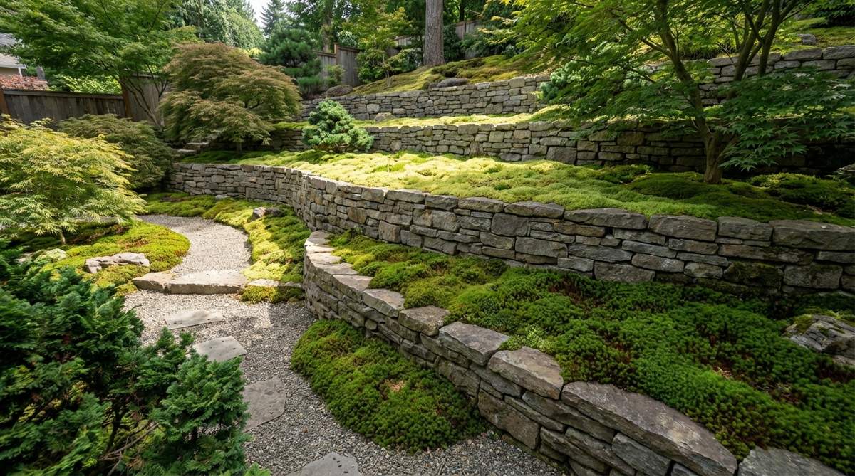 A vertical view of graduated stone retaining walls forming terraced levels in a Japanese stone garden, each terrace densely covered in various moss species like suna-goke on upper sun-exposed areas and polytrichum on lower shaded levels, creating a gradient of green textures and mimicking mountain agriculture terraces or geological stratification.