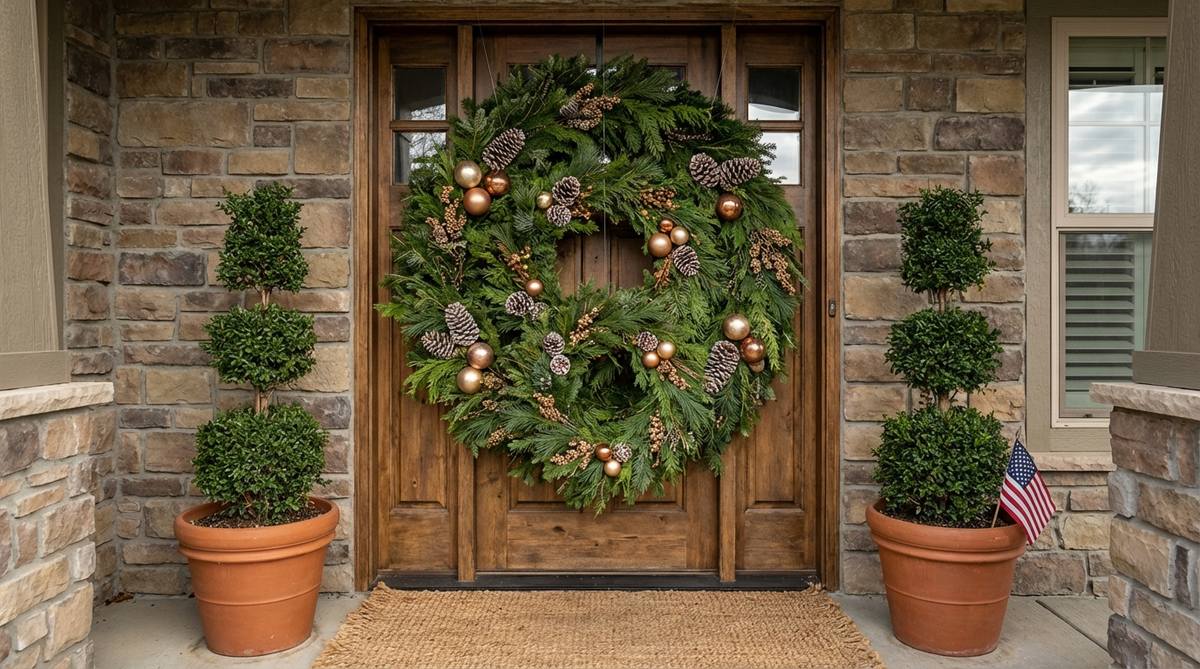 A sophisticated outdoor Christmas decor arrangement featuring multiple overlapping wreaths of varying sizes and textures hung on a door. The largest wreath serves as a base layer with progressively smaller wreaths overlapping it, creating dimensional interest through circles. Natural elements like pine cones and greenery mix with metallic accents for textural contrast, all suspended with invisible fishing line for a clean, designer look.