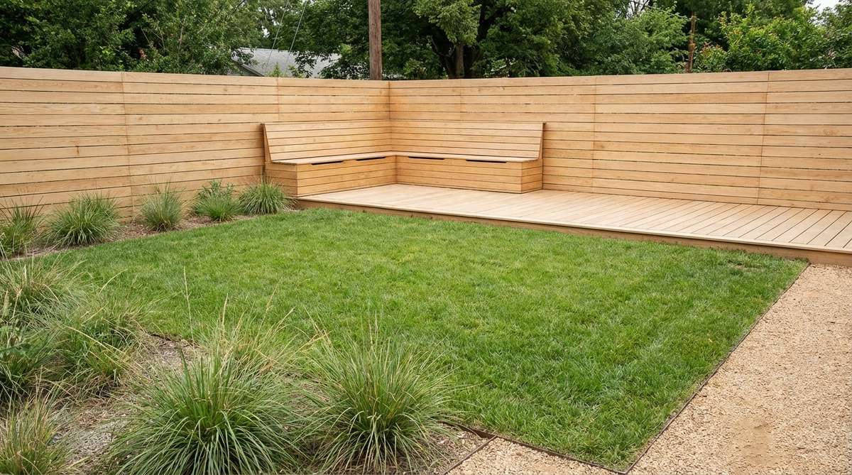 A minimalist garden featuring a built-in bench with clean horizontal lines and lift-up seats for concealed storage, constructed in the same material as the fencing or decking for continuity, positioned near the garden perimeter to maximize open central space.