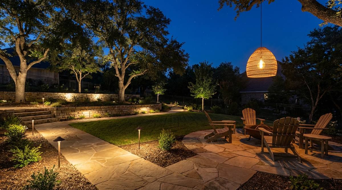 A serene garden scene at night, featuring warm, low-glow lighting with layered effects from path lights at ankle height, uplights on trees or walls, and a soft pendant over a seating area, creating depth and a relaxed atmosphere for stargazing and conversations.