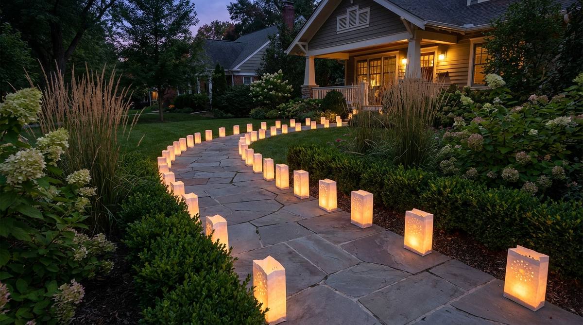 Paper luminaria bags with sand weights and battery-operated tea lights lining garden pathways, spaced 24-30 inches apart. Custom designs and flame-retardant materials create safe, magical ambiance for special events and holiday parties.