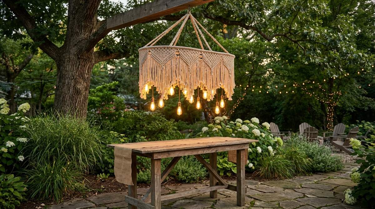 A boho wedding decoration featuring a macrame chandelier frame with Edison bulbs, combining fiber art with warm lighting for evening receptions. Perfect for creating ambient atmosphere over dance floors, cake tables, or bars with dimmable illumination control.