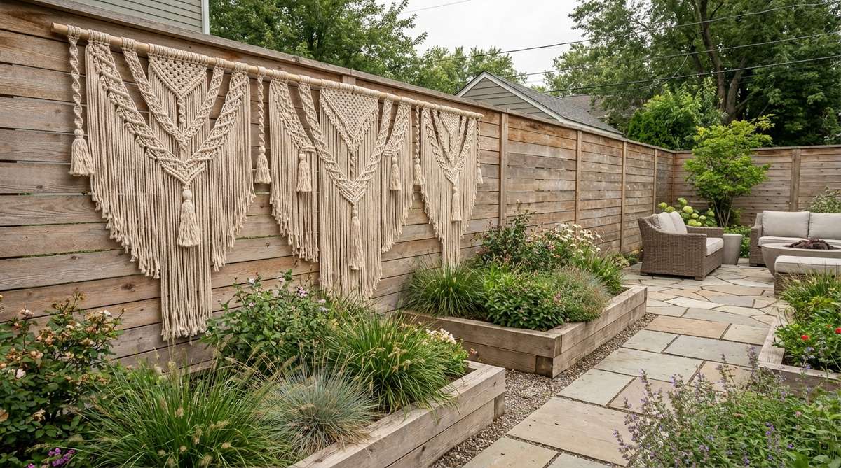 A large-scale macrame tapestry with fringe, tassels, and intricate knotwork, made from neutral cotton cord, mounted on a garden fence to add dimensional texture and artisanal boho style.