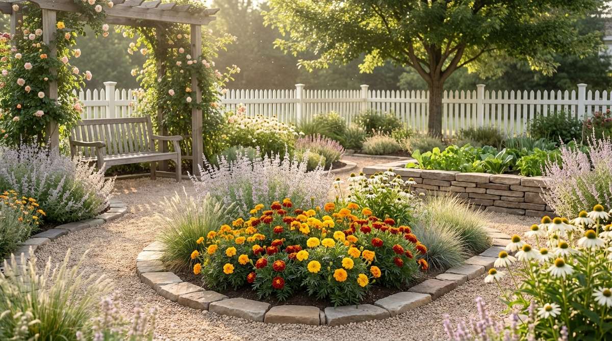 A vibrant French marigold plant with abundant yellow, orange, red, and bicolor blooms, growing 8-12 inches tall in a small garden setting. The plant's pungent foliage naturally deters garden pests, making it ideal as a companion plant in vegetable gardens or massed in borders for solid blocks of color. Heat and drought tolerant once established, requiring only moderate watering during dry periods.