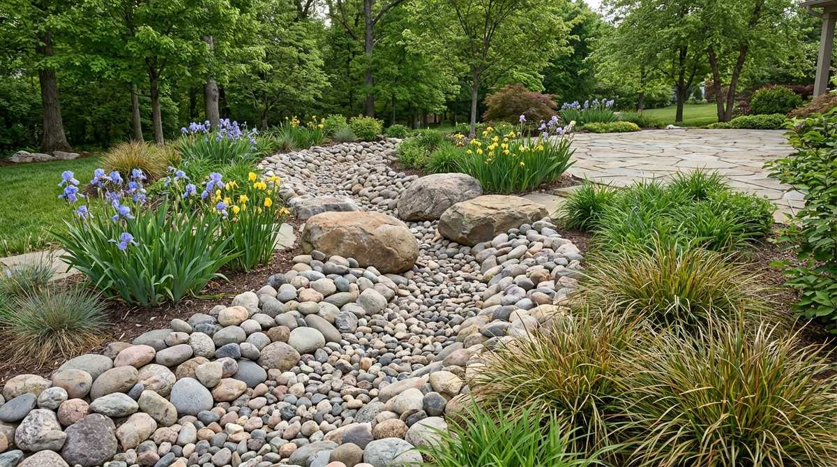 A curved creek bed using graduated river rocks to create authentic stream aesthetics, with 6-12 inch stones on outer bends, 2-4 inch cobbles lining the bottom, accent boulders mid-stream, and moisture-loving perennials like iris and sedge along the banks for textural contrast and realism.