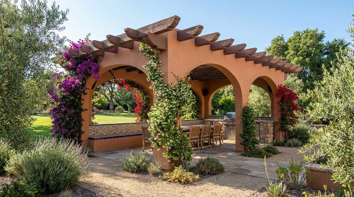 A Mediterranean arched pergola with curved beams and terra cotta colors, evoking European garden traditions. Features arched openings, warm ochre or burnt orange accents, and climbing bougainvillea or jasmine for an authentic regional atmosphere. Ideal for warmer climates with built-in seating and colorful tile work to enhance the romantic courtyard feeling.