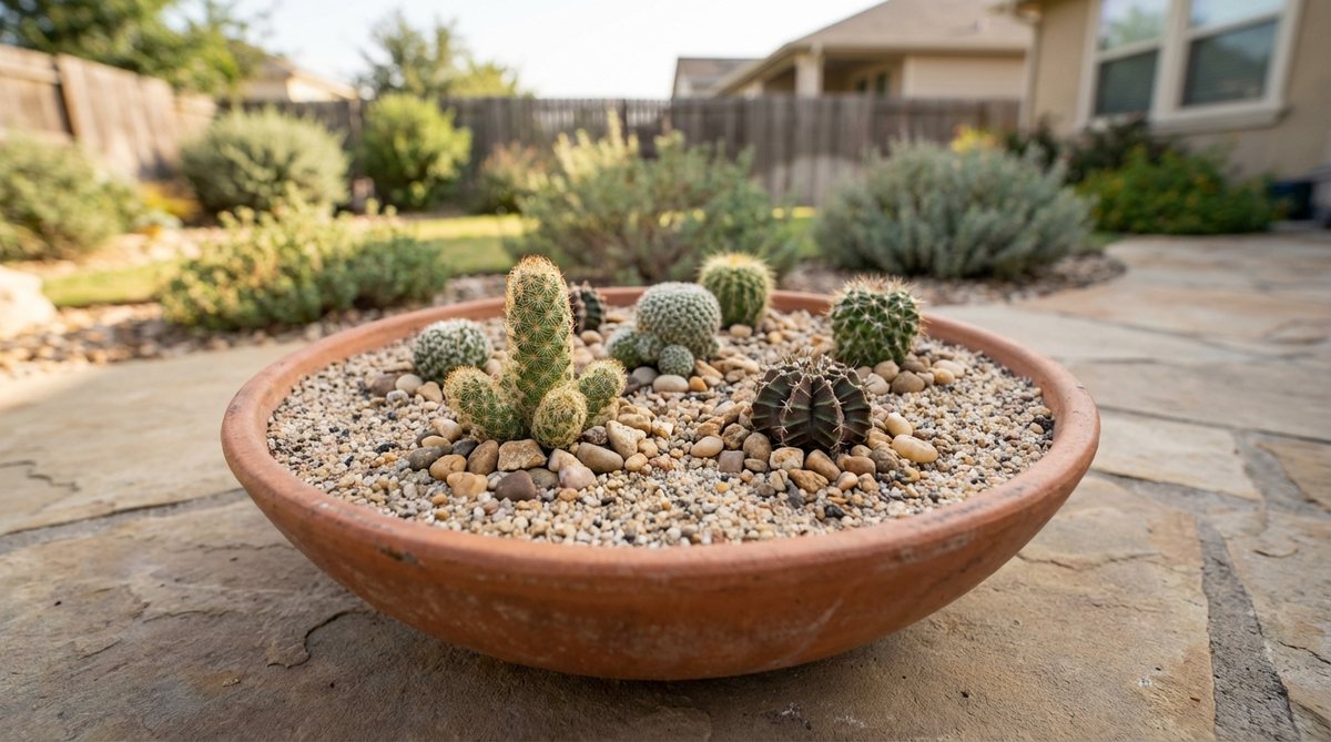 A shallow terracotta bowl filled with a gritty, fast-draining mix, showcasing a collection of small cacti varieties such as Mammillaria, Rebutia, and Gymnocalycium. The top dressing of coarse sand and small pebbles mimics their native habitats, with cacti spaced 1-2 inches apart to allow for slow growth. This miniature garden highlights the beauty of cacti, which flower spectacularly with proper winter dormancy, rewarding patient growers with blooms each spring.