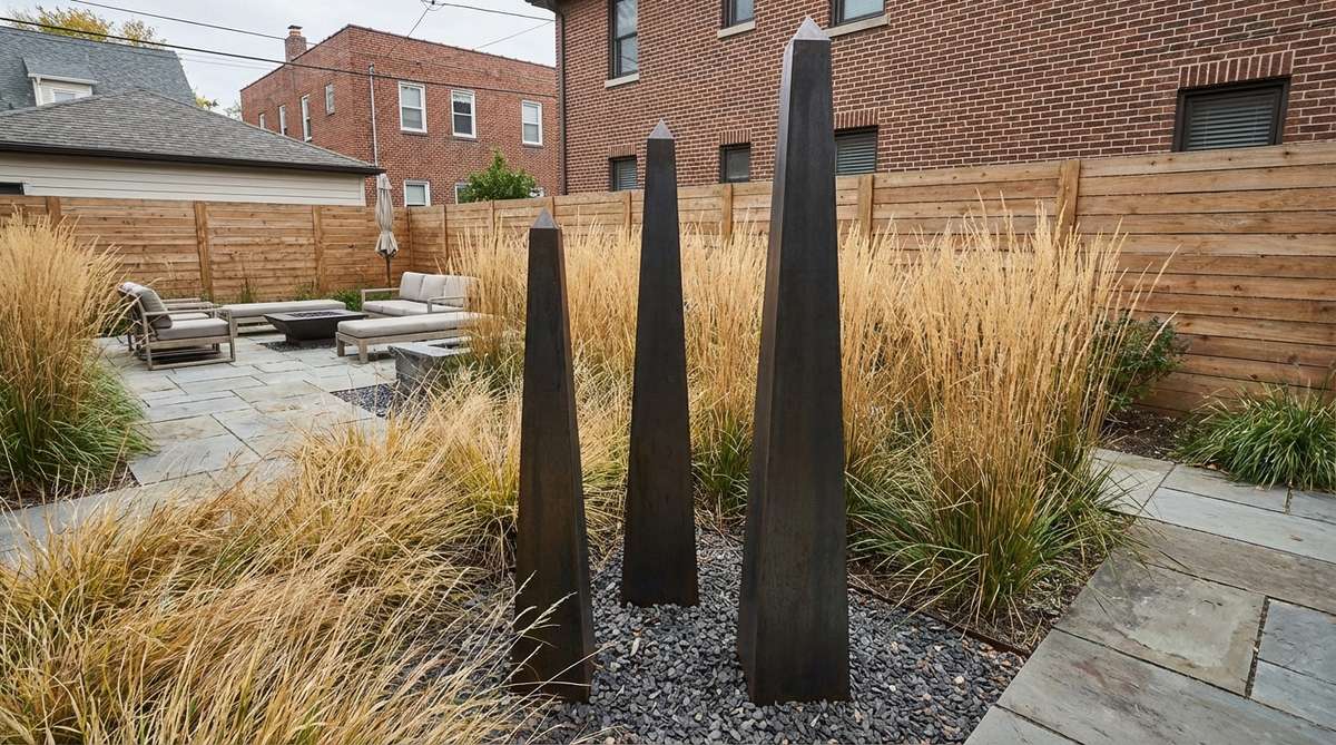 A minimalist obelisk statue in black granite or corten steel, featuring clean lines and a monochrome finish, used as a vertical accent in ornamental grass plantings or grouped at varying heights, ideal for small urban gardens with a narrow footprint.