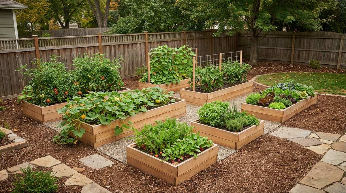 A modern garden bed design featuring a mixed-dimension cluster with 4x8, 2x8, 2x6, and 4x4 beds arranged to accommodate diverse crop requirements. Larger beds are used for sprawling vegetables, while compact squares suit intensive greens and root crops, allowing scalable production based on family consumption patterns and efficient use of odd spaces.