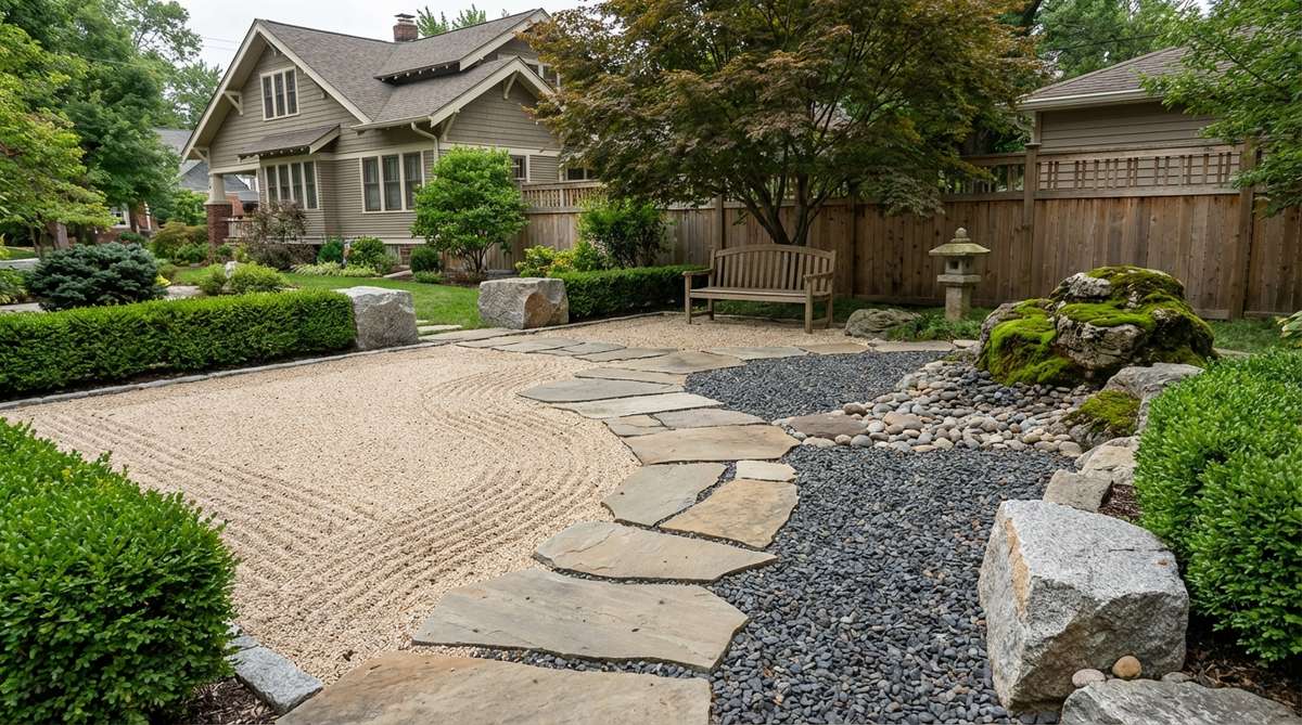 A Japanese garden scene showing different gravel textures with contrasting colors and sizes, separated by clean borders to delineate distinct garden areas. Light crushed granite in formal sections and darker flint or slate gravel in transitional spaces create visual interest and organization.